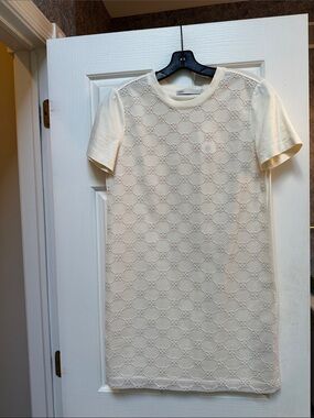Tory Burch Cream Short-Sleeve Textured Logo-Pattern dress